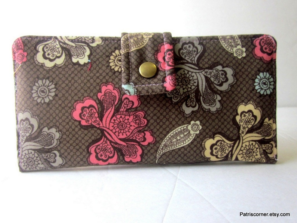 On Sale Handmade women brown wallet pink cream grey and seafoam blue floral, vegan