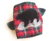 BLACK BEAR Cuff, Red and Green Plaid Bracelet, Country Wrist Wrap, Black Bear, WInter Christmas Women's Accessory