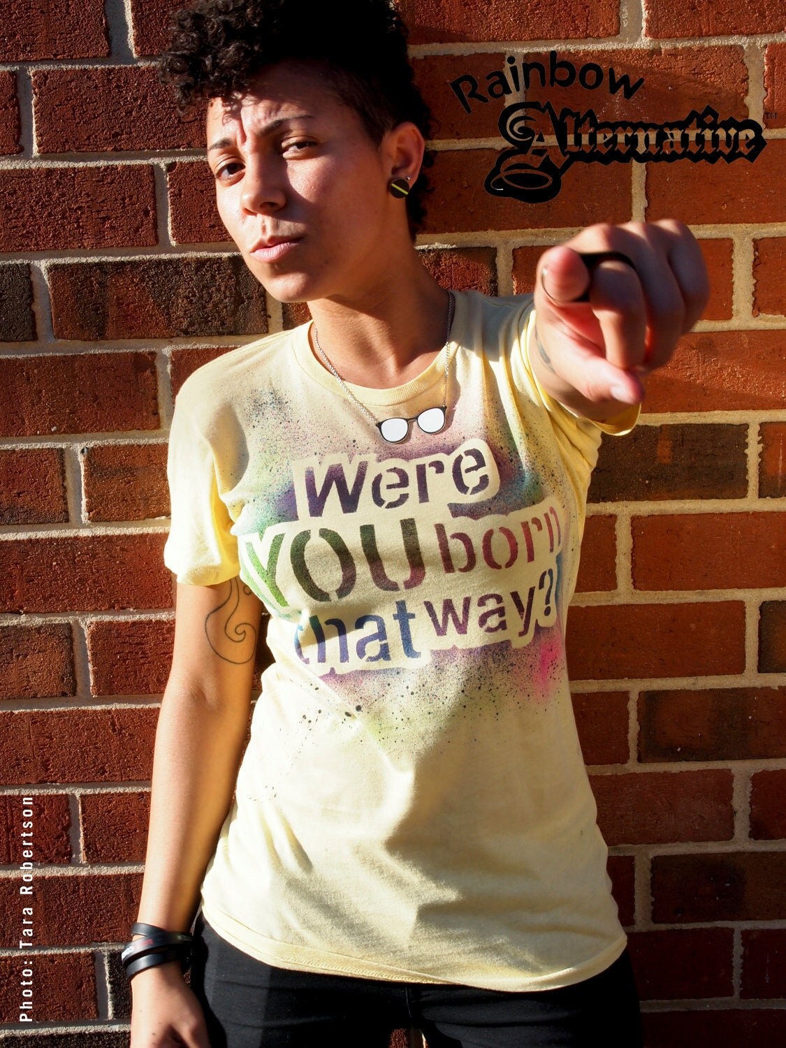 SALE LGBT gay lesbian pride Were YOU born that way tshirt hand stenciled & spray painted by Rainbow Alternative on Etsy yellow