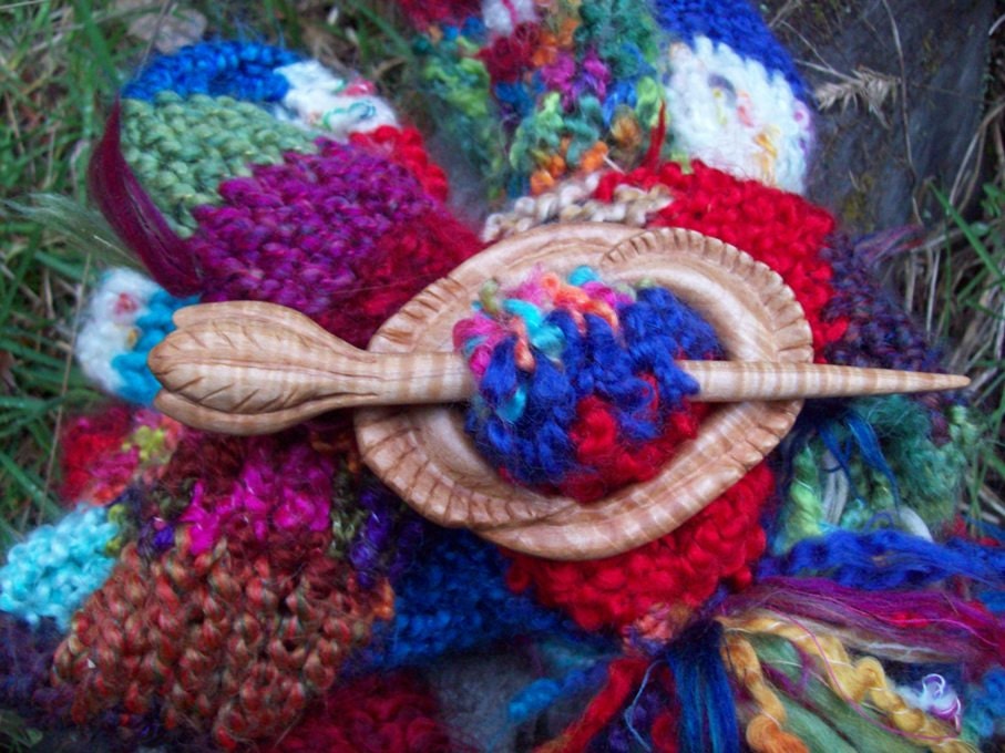 handmade hand carved Curly Maple wood shawl pin