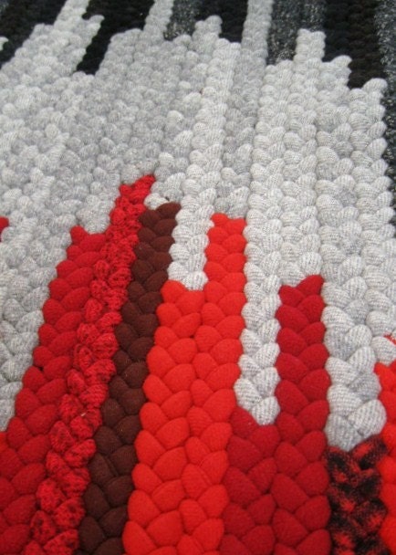 OOAK Red, Black, Gray Rectangle Braided Wool Rug from recycled wool
