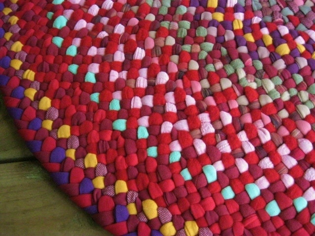 Handmade Braided Round Rug in Persian Red and Wisteria from upcycled cotton
