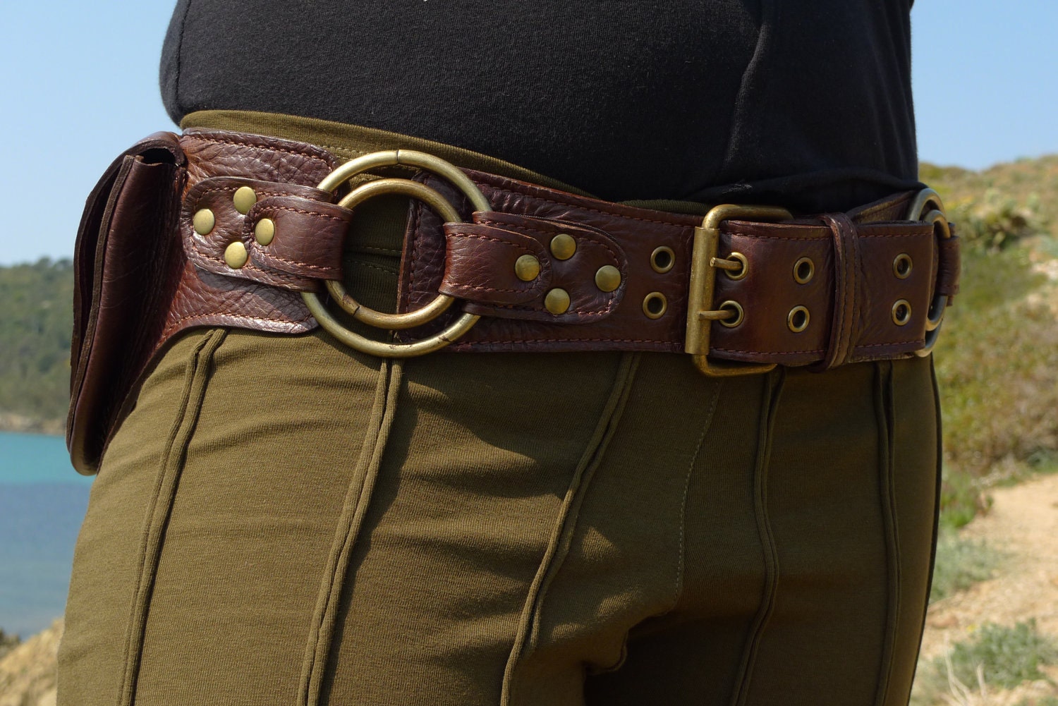 Leather Utility Hip Belt BaG - " DOUBLE RING " - D.BROWN // leather belt with pockets.