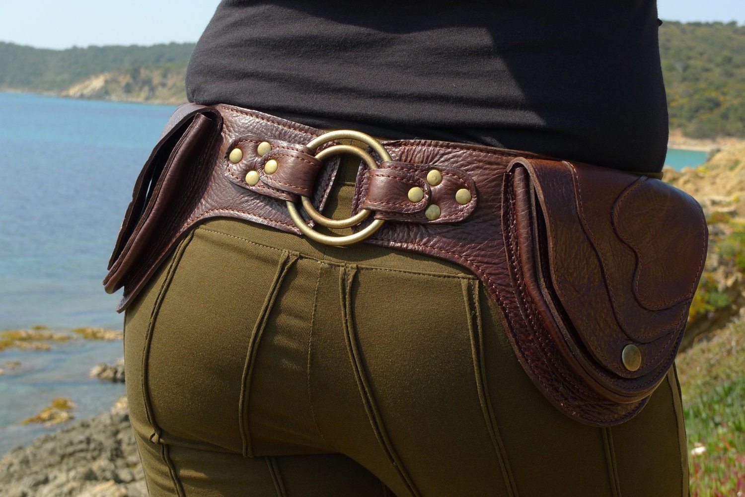 Leather Utility Hip Belt BaG - " DOUBLE RING " - D.BROWN // leather belt with pockets.