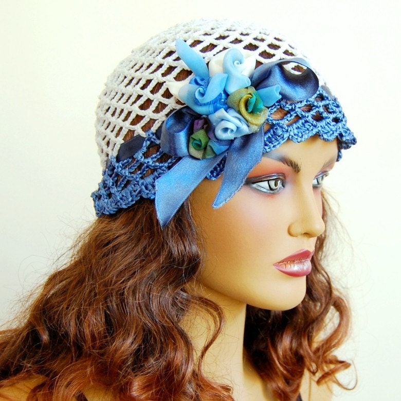 Hand Crochet Lace Hat, Color Block, Blue White Bridal hat  With Ribbon And Organza Flower, Bride, Bridesmaid, Dance, Party, Ball