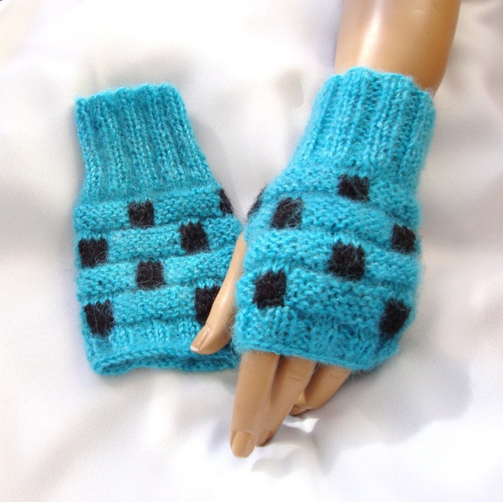 Hand Knit Gloves, Turquoise, Armwarmer, Mitten, Handmade Gloves, Fall Fashion, Winter Accessories, Holiday Accessories, Fingerless, Black