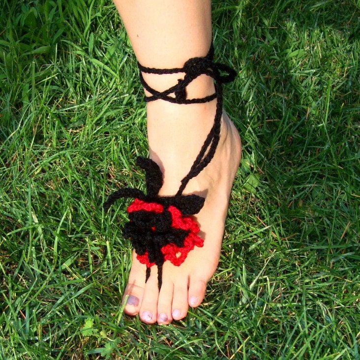 Hand Crochet Sexy Lace Barefoot Sandal, Black Red Flower, Sequin Fashion, Summer, Beach, Pool, Yoga, Victorian, Gotic, Hippie, Gypsy