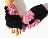 Hand Knit Black Pink Fingerless Gloves, Half Finger, Crochet Mitten, Holiday Accessories, Winter Accessories