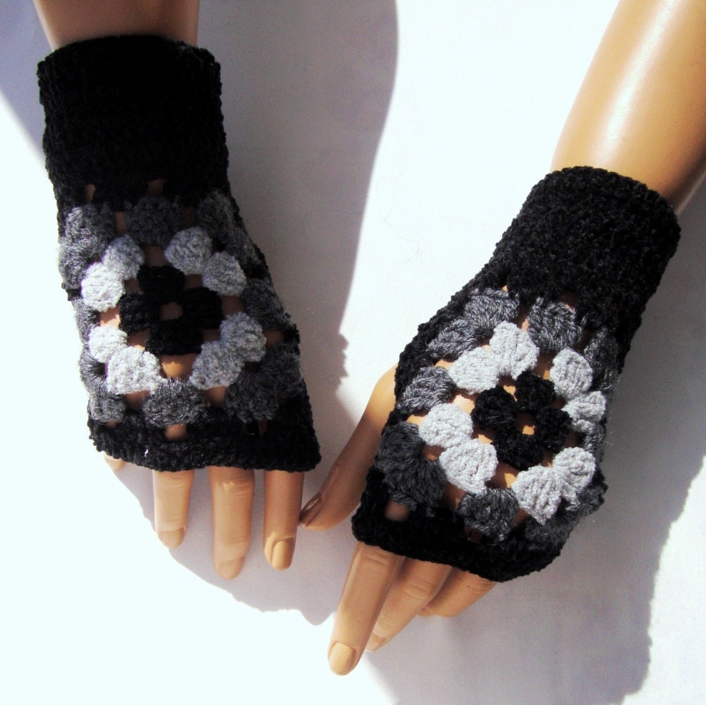 Hand Crochet  Afgan Gloves, Mitten, Black Gray Light Gray gloves, Holiday Accessories