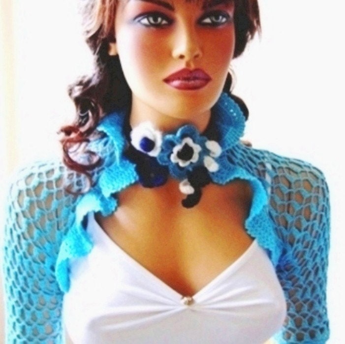 Hand Crochet Turquoise Blue Shrug, Bolero, Winter Accessories, Holiday Accessories,Fall Fashion