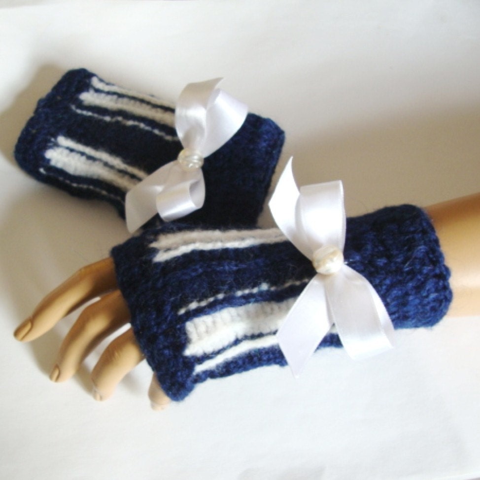 Hand Crochet Gloves, Dark blue Stripe Mitten, Arm Warmer, Adorned Ribbon, Winter Accessories, Fall Fashion, Holiday Accessories