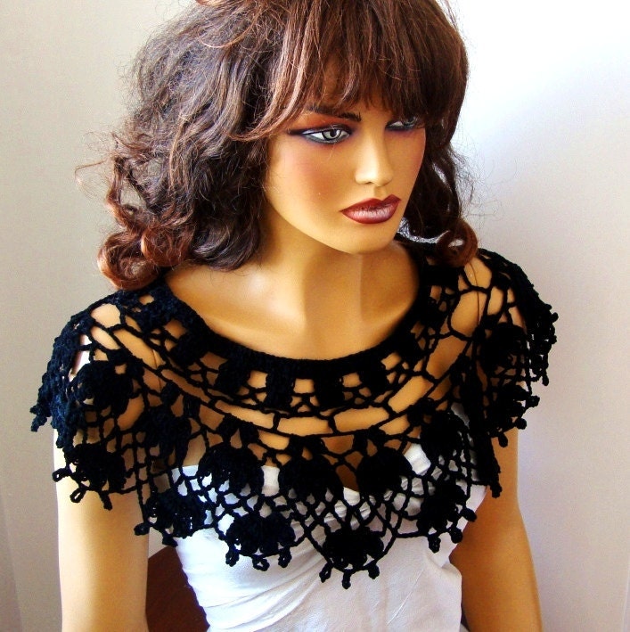Hand Crochet Bridal Black Lace Bolero Shrug, Shawl, Bride Bridesmaid LaceFashion, Capelet, Holiday Accessories, Shoulder Wrap, Spring