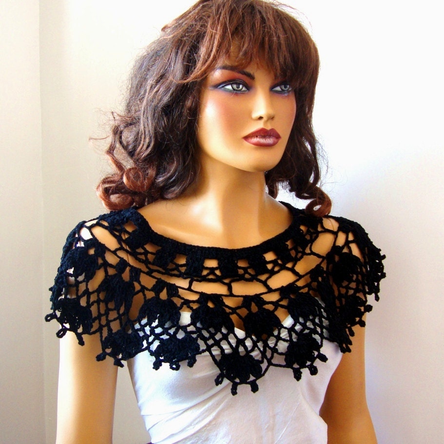 Hand Crochet Bridal Black Lace Bolero Shrug, Shawl, Bride Bridesmaid LaceFashion, Capelet, Holiday Accessories, Shoulder Wrap, Spring