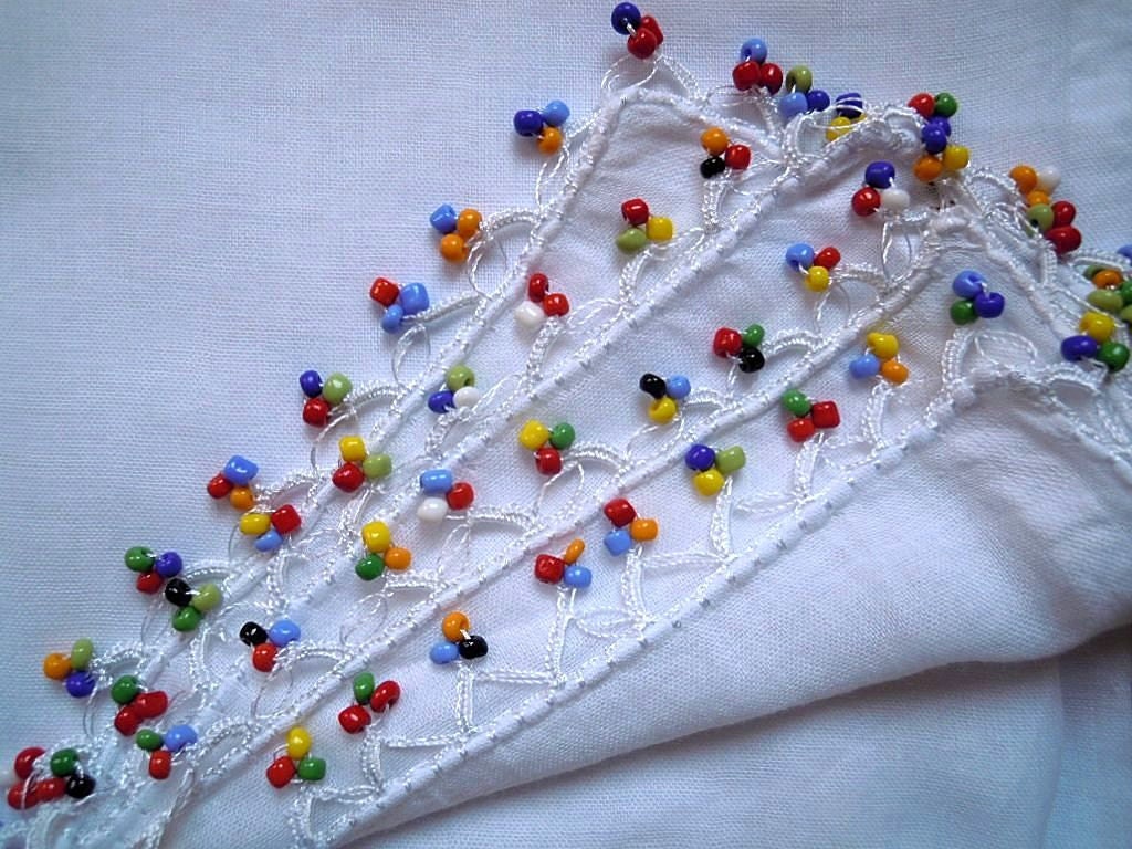 white cotton scarf with multicolored seedbeads