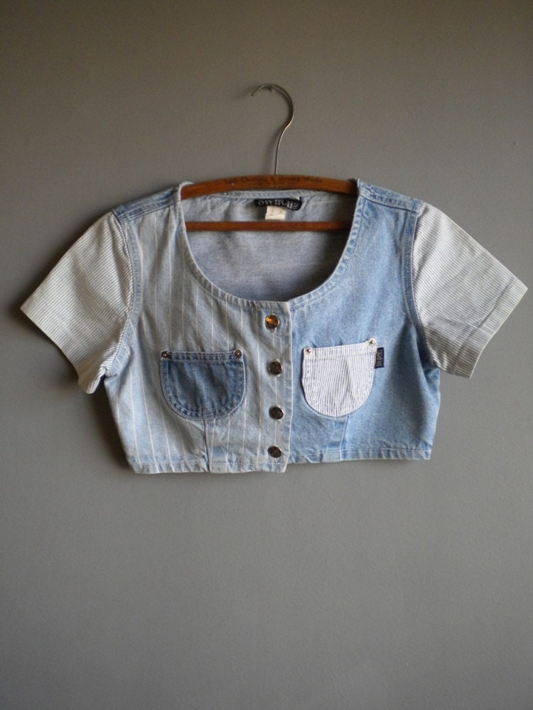 80s acid wash denim crop top/ striped /  s sm
