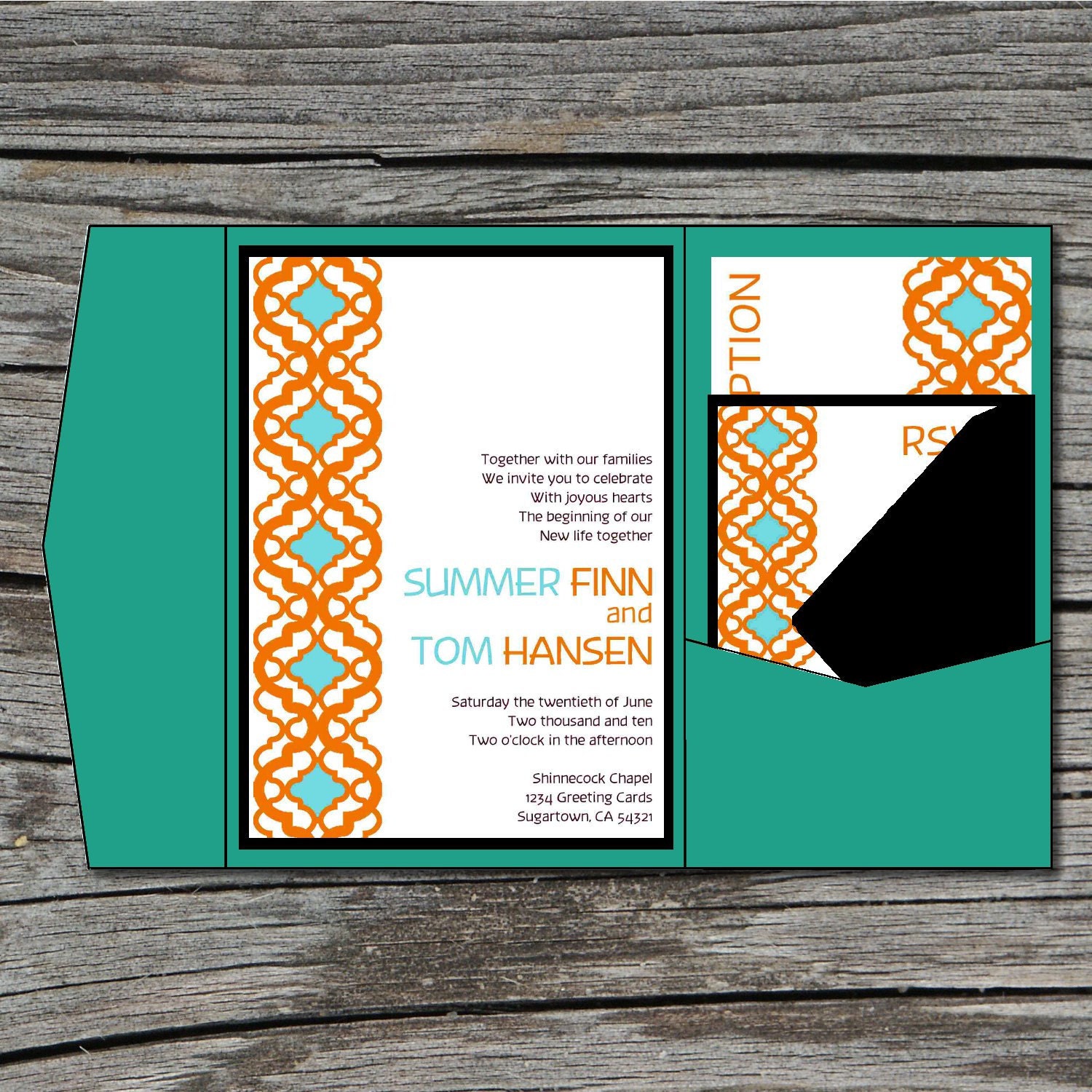 Wedding Invitation, DIY, Pocketfold, Morrocan, Aqua, Orange, Printable, Digital File by ticklemeink on Etsy