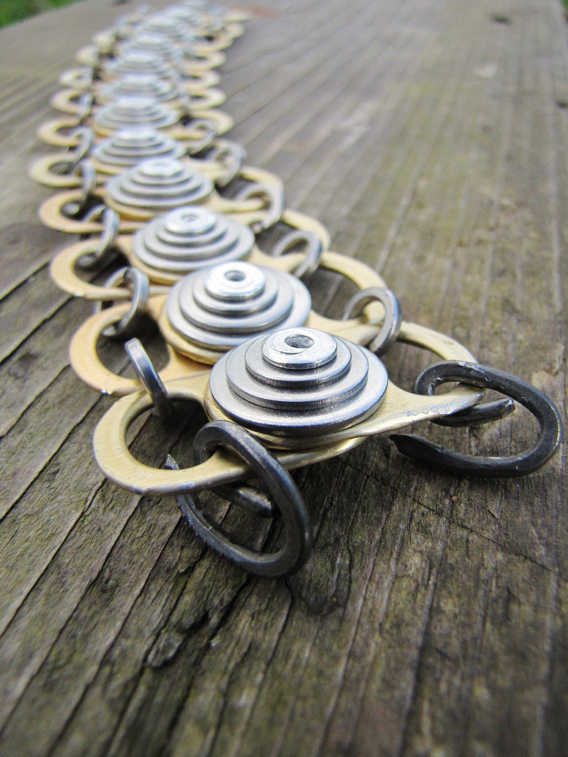 Chunky Riveted Bracelet, Recycled, Eco Friendly, Gold Can-Pulls and Stainless Steel Washers