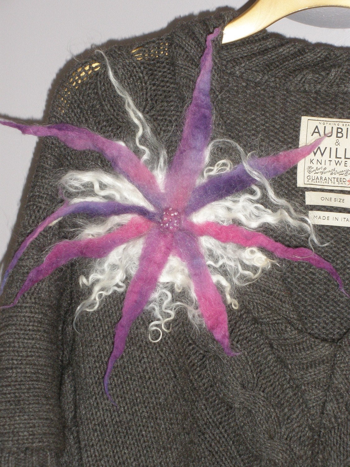 felted wool flower pin brooch corsage in purple pink & cream lagenlook eth