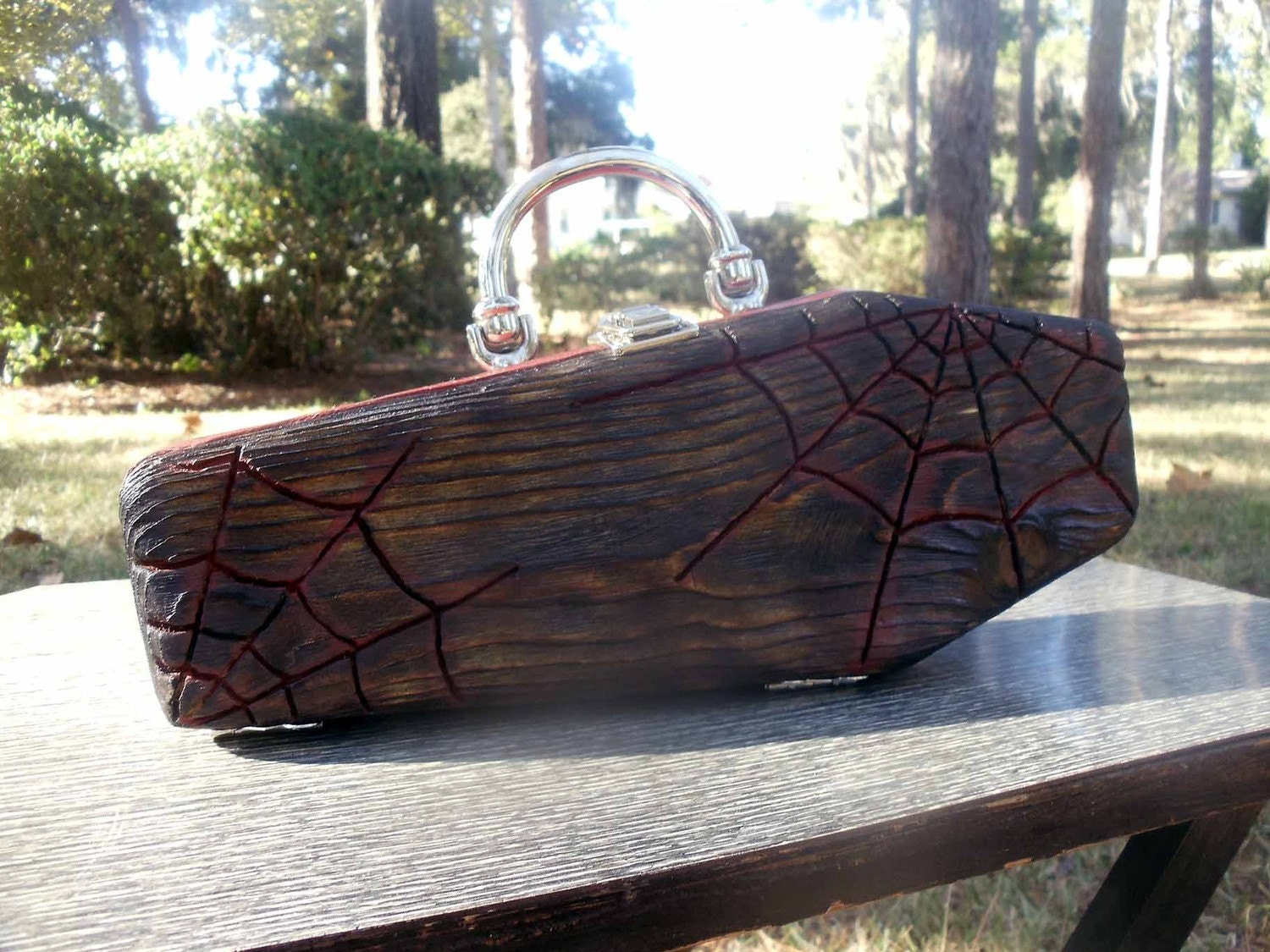 Handcarved  WOODEN COFFIN PURSE Spiderweb Punk Goth Rockabilly