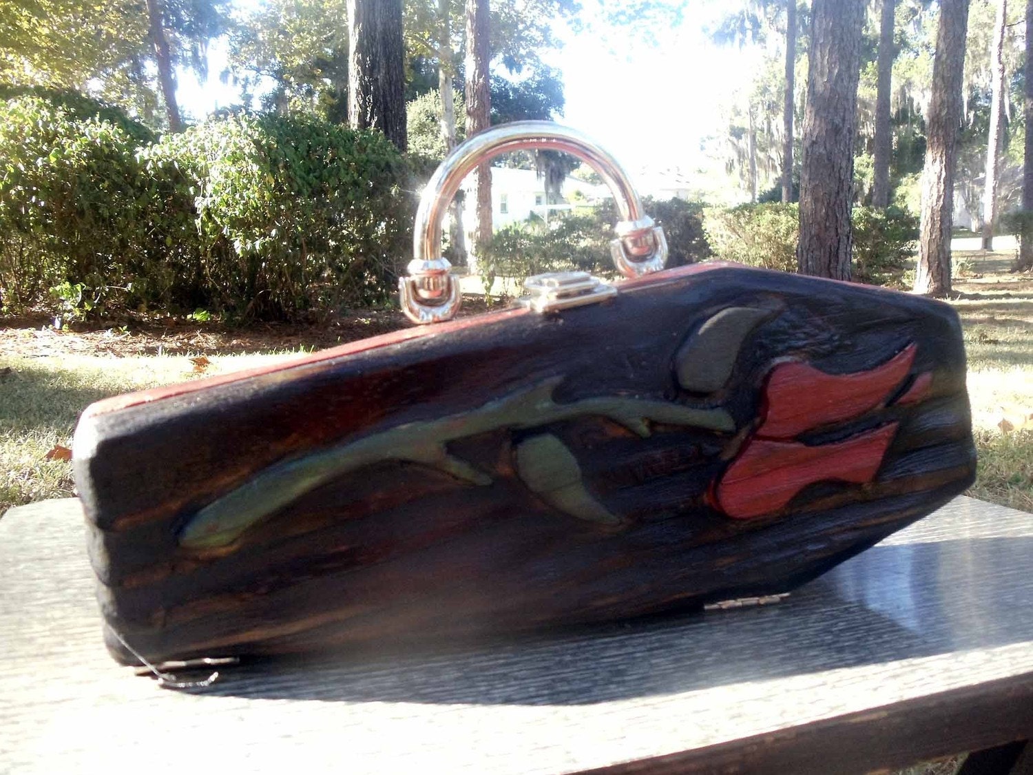 Hand carved WOODEN COFFIN PURSE red rose Rockabilly Goth