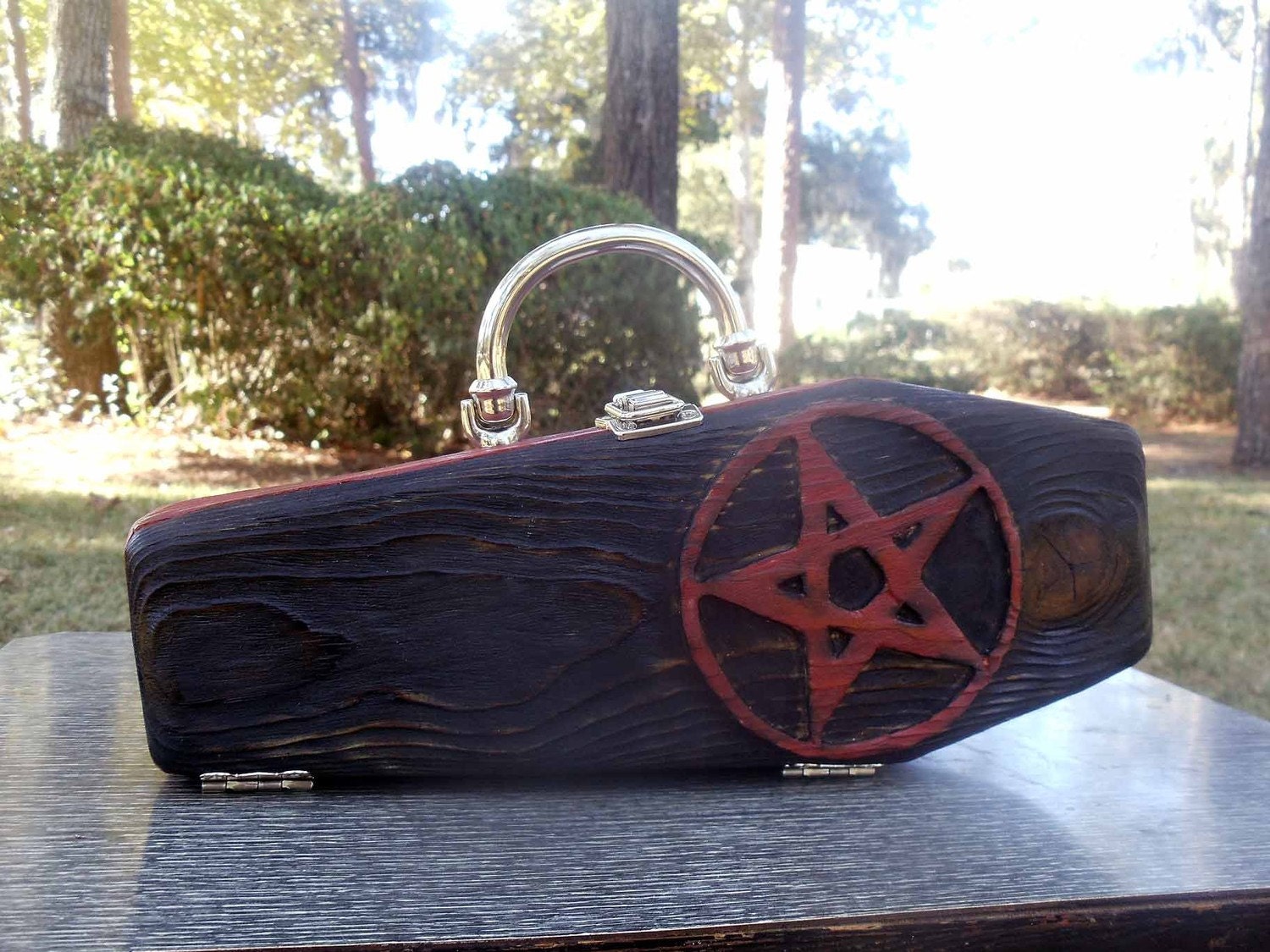 Handcarved WOODEN COFFIN PURSE Pentagram Rockabilly Goth