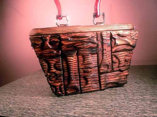 Hand Carved Wooden Box purse TIKI MODERN  Rockabilly vlv