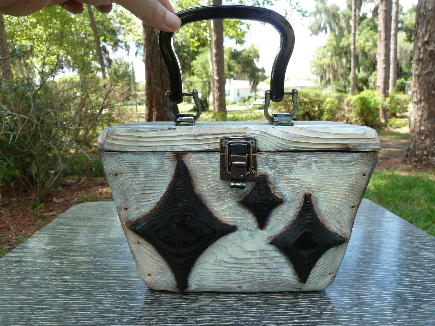 Handcarved MOD DIAMONDS PURSE wood starburst blk/white rockabilly chic