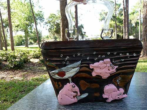 PINK ELEPHANTS cocktail PURSE- rockabilly tiki retro vlv hand carved