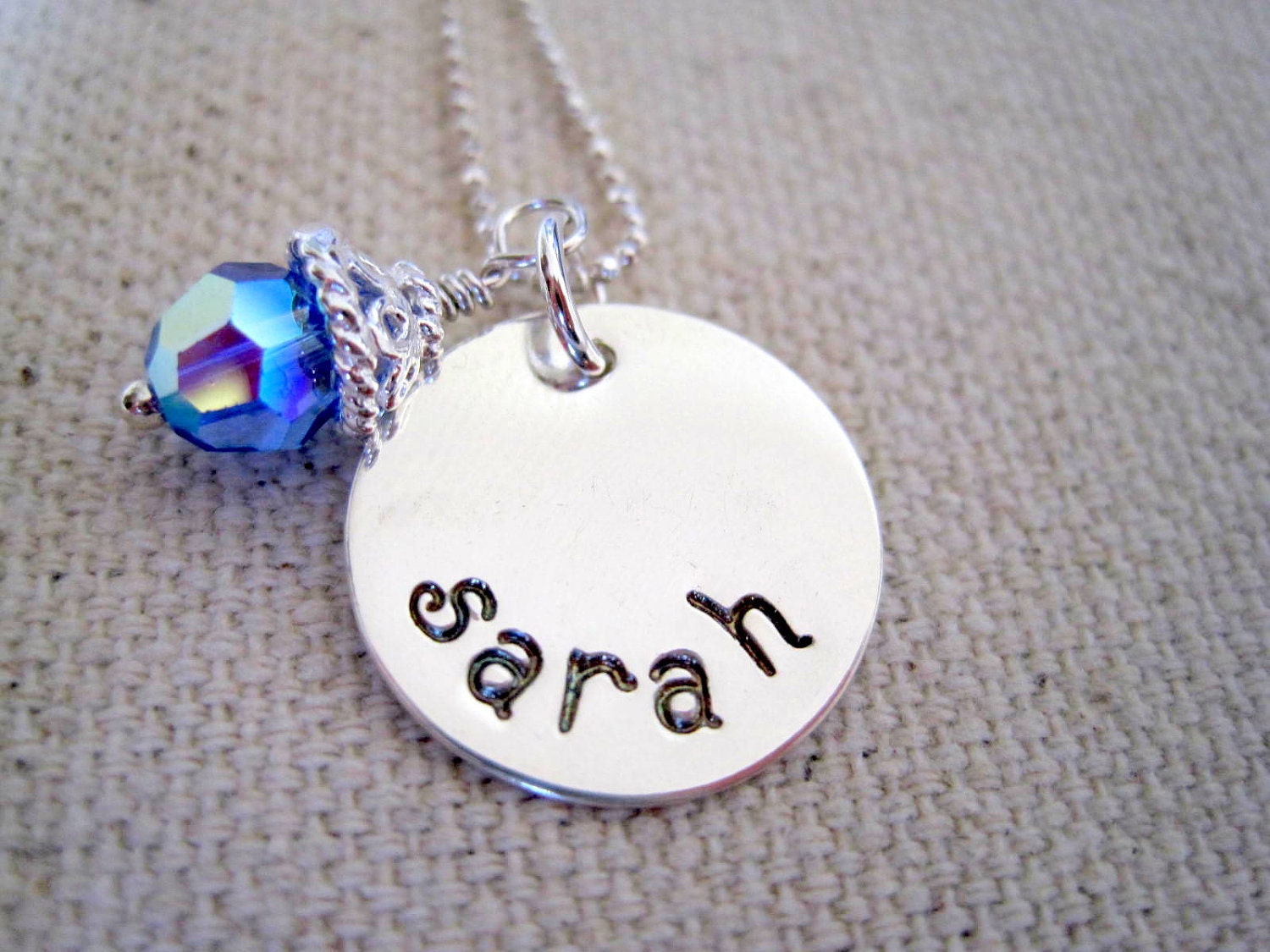 Personalized name jewelry hand stamped necklace sterling silver womans engraved pendant blue crystal