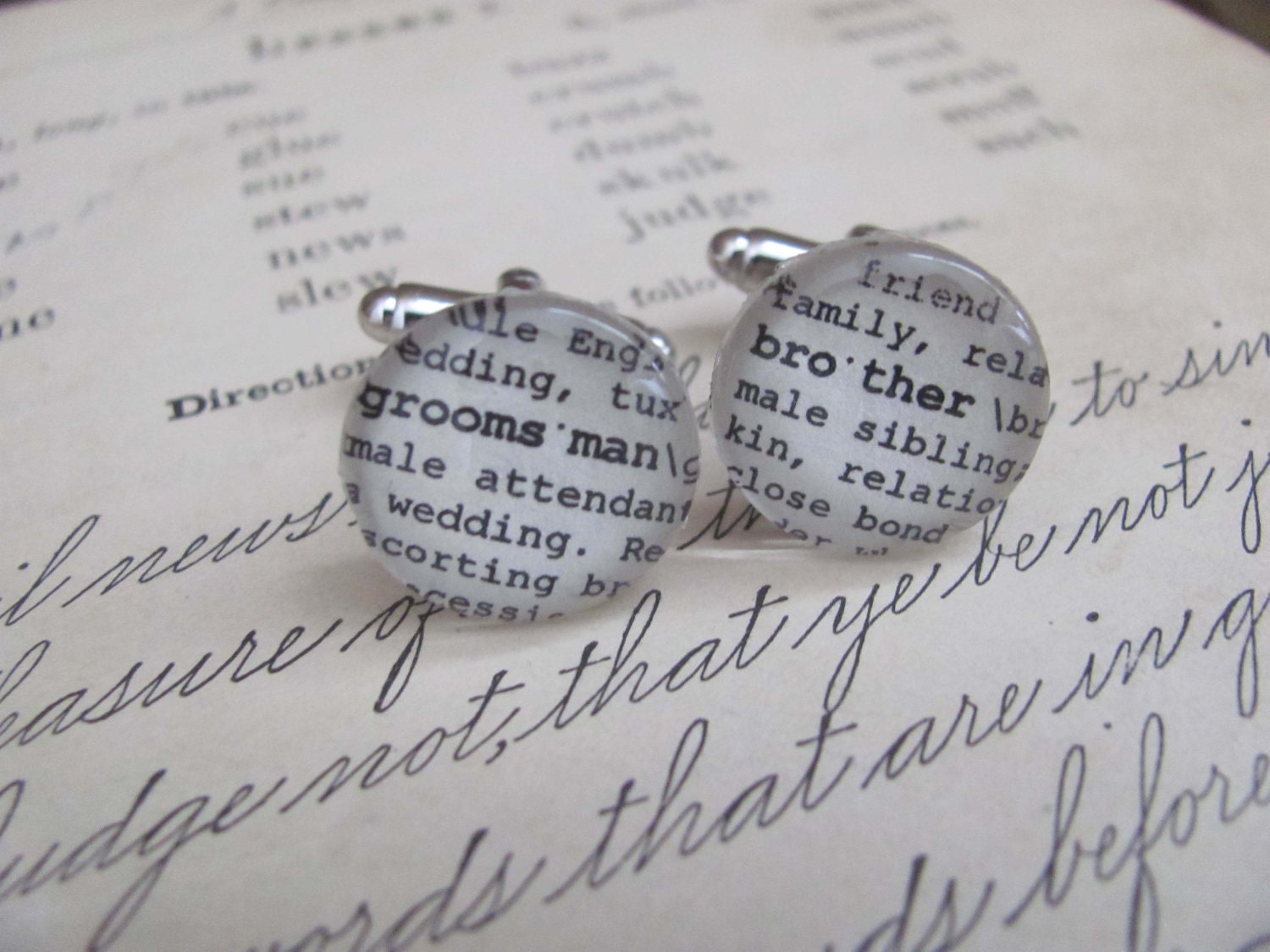 Groomsman Brother Cuff Links Wedding Party Dictionary Glass Gem by Kristin Victoria Designs
