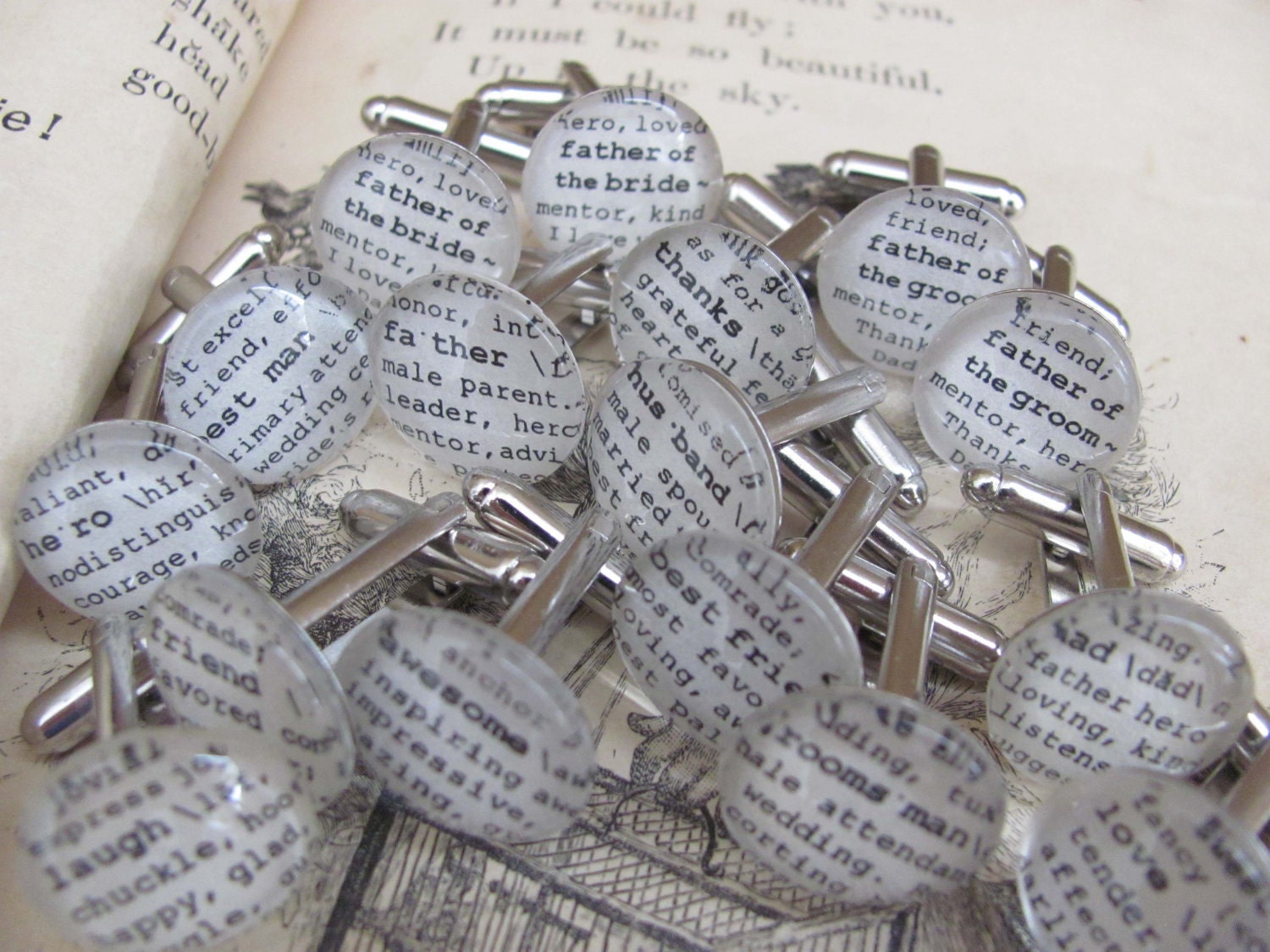 Seven Pre-Designed Cuff Link Sets Dictionary Glass Gem Personalized for Groom, Groomsman, Best Man, Father, Grandfather, Uncle