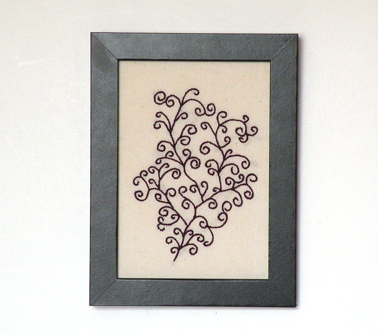 Dark red embroidered scrollwork tree framed wall art