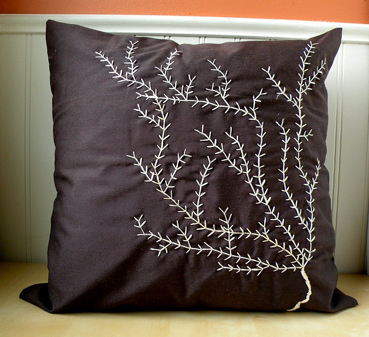 Dark brown cotton pillow cover with cream embroidered fern removable with envelope back