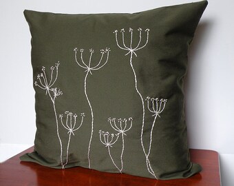 Dark olive green pillow cover with cream embroidered Queen Anne's Lace flowers removable with envelope back