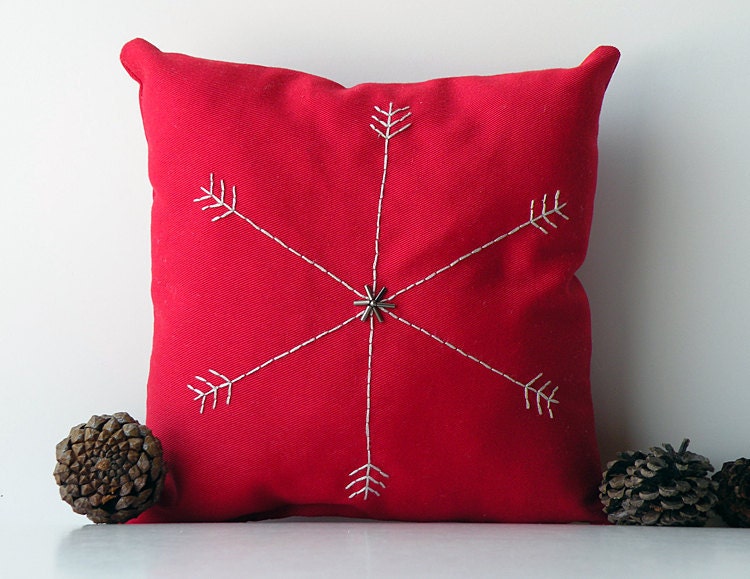 Items similar to Small red cotton decorative pillow with gray embroidered snowflake and dark ...