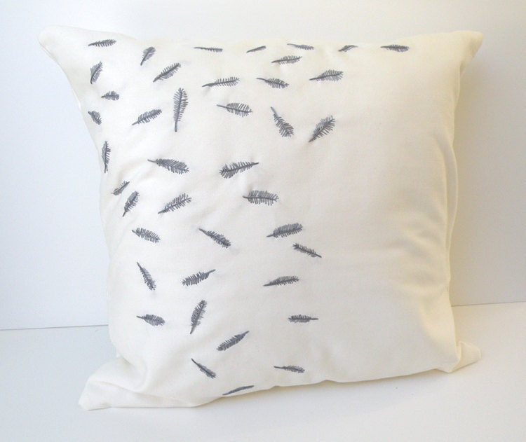 White pillow cover with gray embroidered feathers removable with envelope opening