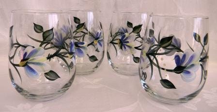 Stemless Wine Glasses hand painted in blue floral