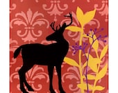 SALE Deer Art Print, holiday decor, red yellow purple - 5 x 5 inch print