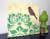 Bird Painting, Damask, Shabby French Cottage Chic, 12 x 12 inch, Green Cream, Original Acrylic Painting,