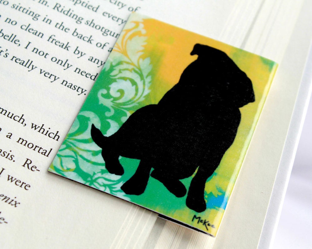 Magnetic Bookmark, Pug Dog Art Silhouette, Damask, Yellow Green