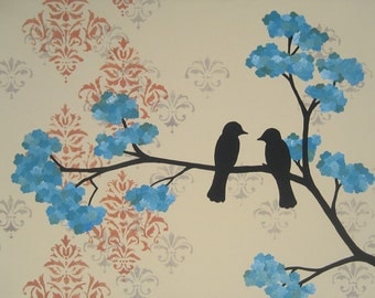 SALE - Love birds painting, large, damask and flowers, orange turquoise cream, 36 x 24 inch original acrylic on canvas