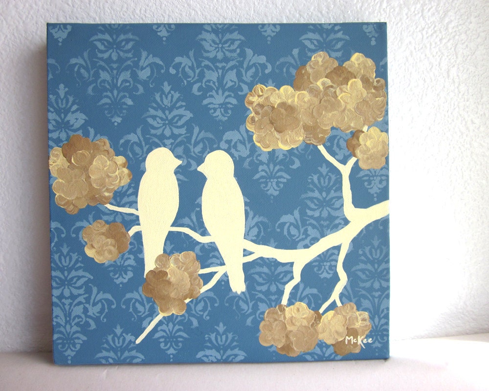 Love Birds Painting, Blue damask, Brown Flowers, Silhouette, 10 x 10 inch original acrylic painting on canvas