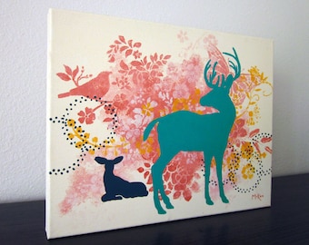 Whimsical Woodland Deer Painting, Coral Yellow Teal, 14x11 inch Original Acrylic Painting on Canvas