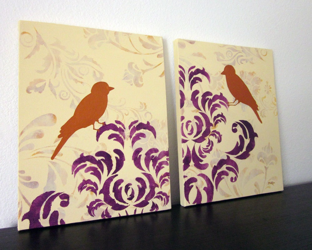 Bird Painting, Damask, Cottage Chic Shabby Regal Elegance, Original Painting, 22 x14 inch, Acrylic on Canvas Set of Two