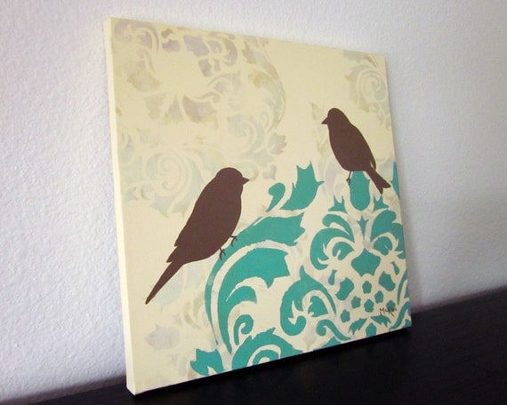 Damask Birds Painting,  French Country, Damask Wall Decor Art, Cottage Chic Shabby, 12x12 inch original acrylic