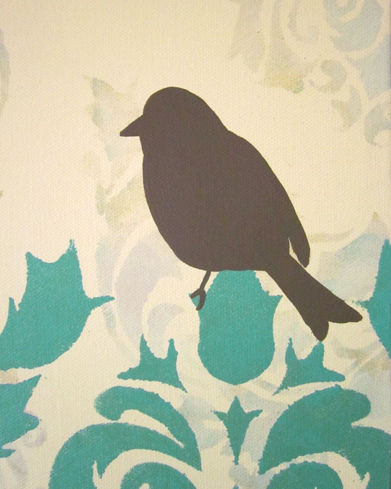 Damask Birds Painting,  French Country, Damask Wall Decor Art, Cottage Chic Shabby, 12x12 inch original acrylic