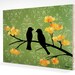 SALE Love Birds Art Block, green damask, yellow flowers, Print Mounted on bamboo, 7 x 5 inches