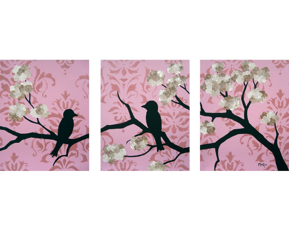 SALE Shabby Love birds print set, Nursery art, pink damask, brown flowers, three 8 x 10 inch prints