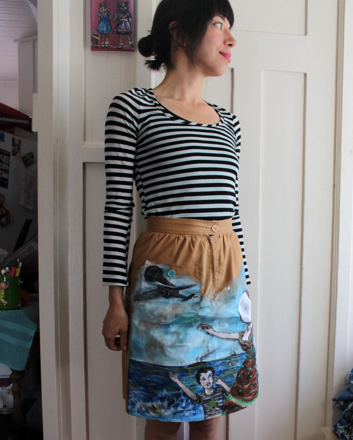 Neutral Milk Hotel: in the aeroplane over the sea - Hand-Painted on a high waist Calvin Klein skirt