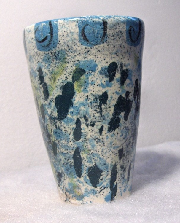 1950s Turquoise and Teal Hand Thrown, Abstract Splatter, Studio Pottery Vase